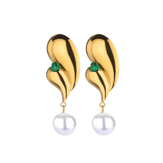 Stainless Steel Green Zircon Pearl Earrings