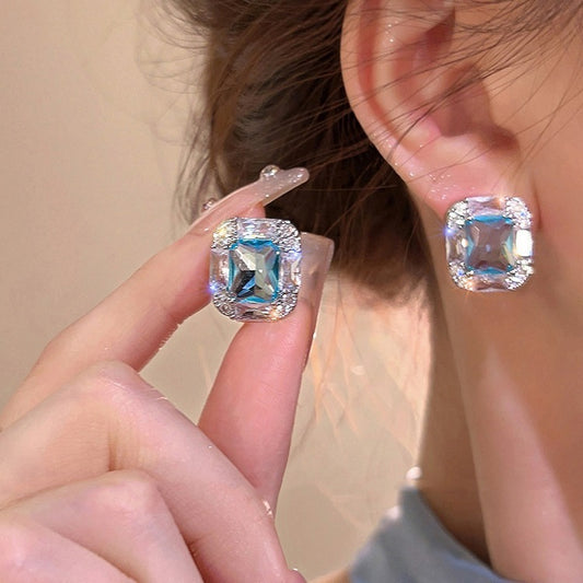 Aquamarine Square Sugar Stud Earrings For Women