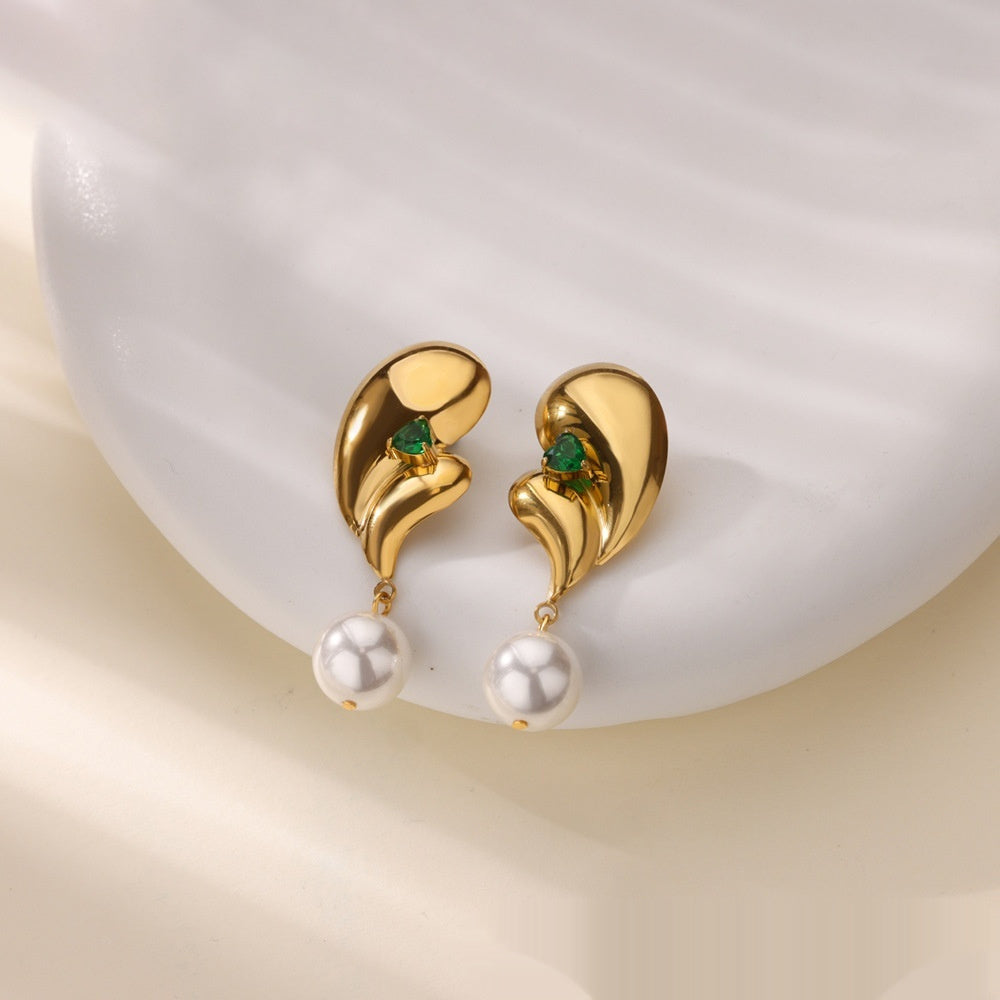 Stainless Steel Green Zircon Pearl Earrings