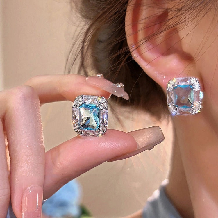 Aquamarine Square Sugar Stud Earrings For Women
