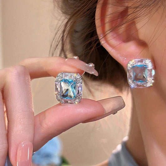 Aquamarine Square Sugar Stud Earrings For Women