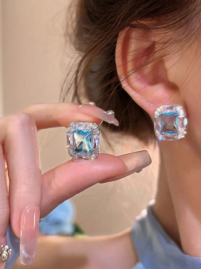 Aquamarine Square Sugar Stud Earrings For Women
