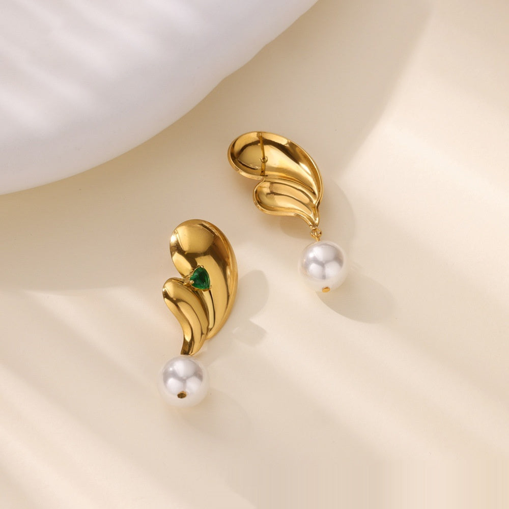 Stainless Steel Green Zircon Pearl Earrings