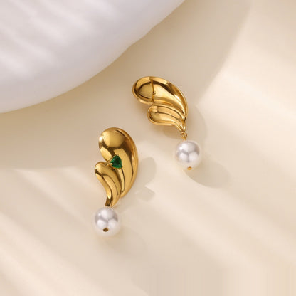 Stainless Steel Green Zircon Pearl Earrings