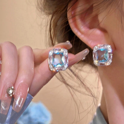 Aquamarine Square Sugar Stud Earrings For Women