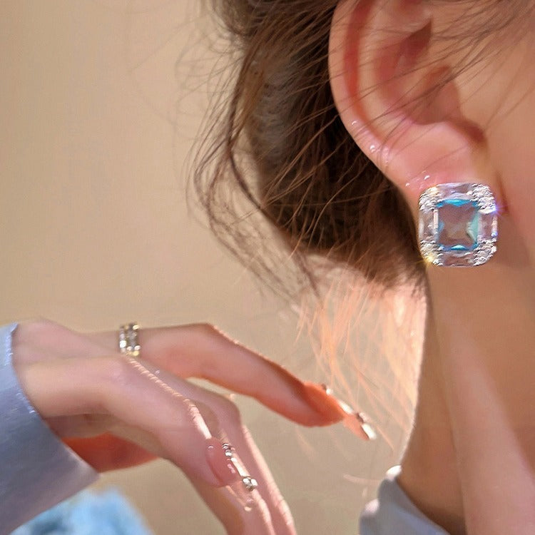 Aquamarine Square Sugar Stud Earrings For Women