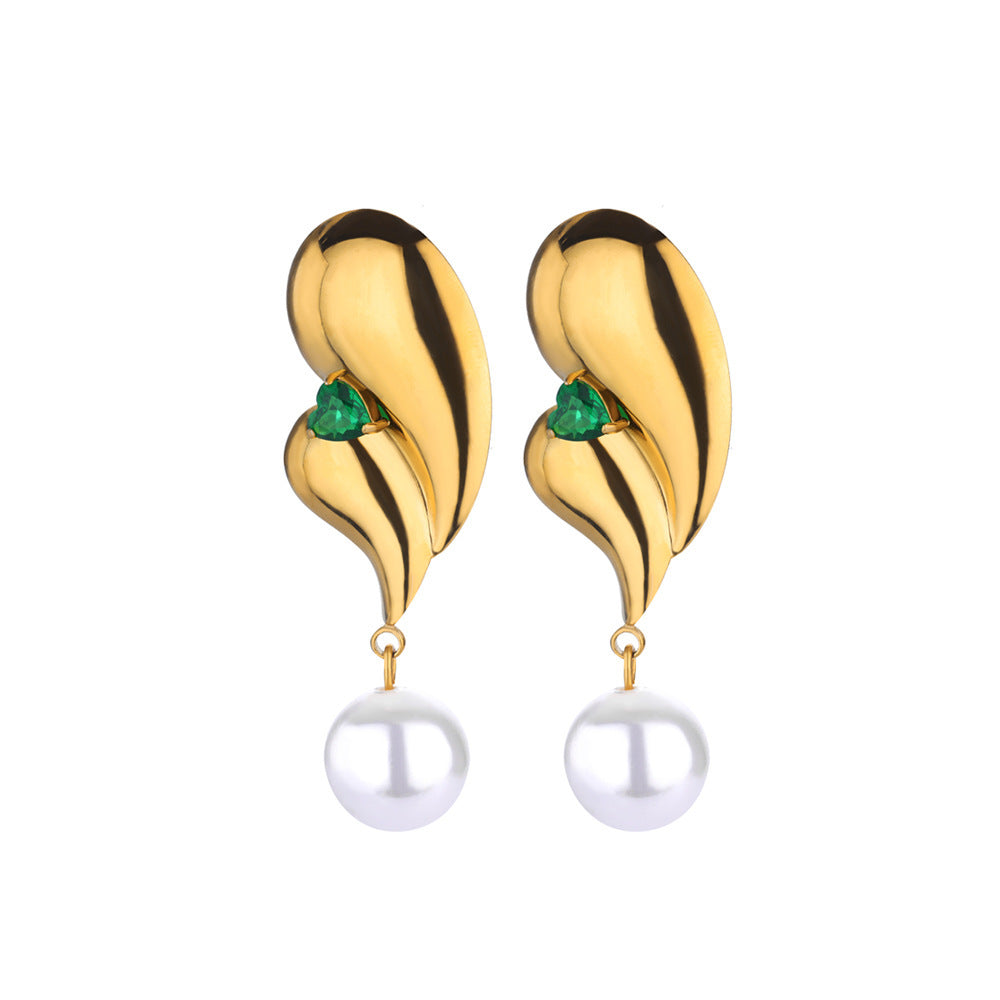 Stainless Steel Green Zircon Pearl Earrings