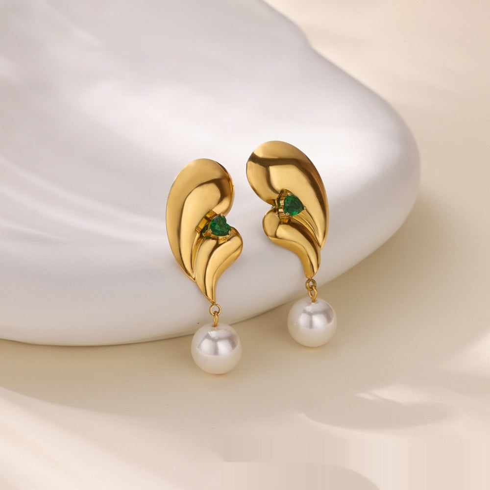 Stainless Steel Green Zircon Pearl Earrings