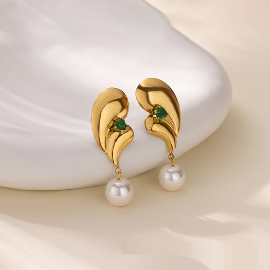 Stainless Steel Green Zircon Pearl Earrings