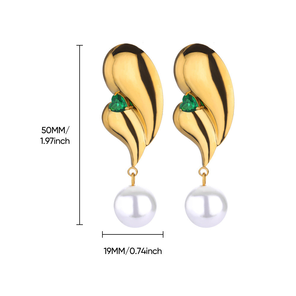 Stainless Steel Green Zircon Pearl Earrings
