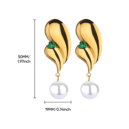 Stainless Steel Green Zircon Pearl Earrings